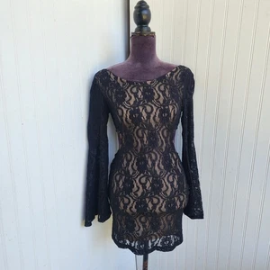 NWT Forever 21 Crochet Lace Mini Dress  Women Tan Black Sheer Overlay Bell Sz S - Picture 1 of 14