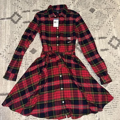Polo Ralph Lauren Dress Plaid Long Sleeve Button Front Belted Tartan Size 16 NWT - Image 1 of 3