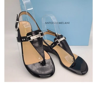 NUEVO EN CAJA Sandalias Antonio Melani Mujer 5M Cuero Negro Correa en T Tacón Bajo Estilo Amirah  Foto 1 de 4