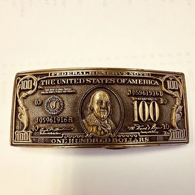Hebilla de cinturón de billete de cien dólares de latón macizo Benjamin Franklin primera edición Foto 1 de 4