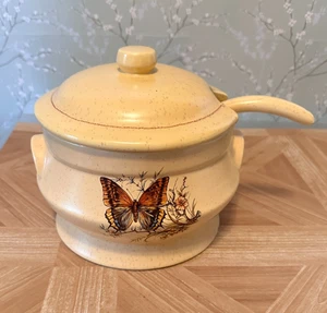 Vintage Treasure Craft Butterfly Yellow Soup Tureen Stoneware with Ladle 1970s - Picture 1 of 9