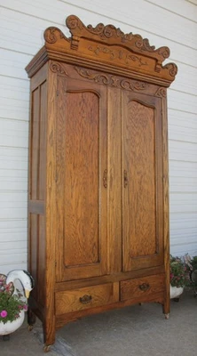 古董 1910 年代花式橡木衣柜衣橱带钥匙 Eckhoff Furn Co 圣路易斯 MO — 第 1/4 张图片