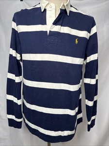 Polo Ralph Lauren Shirt Mens Large Blue White Rugby Striped Collar Pony Logo - Picture 1 of 9