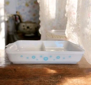 Vtg Glasbake 2.5Qt Turquoise Divided Casserole Dish Handles Atomic Starburst MCM - Picture 1 of 10