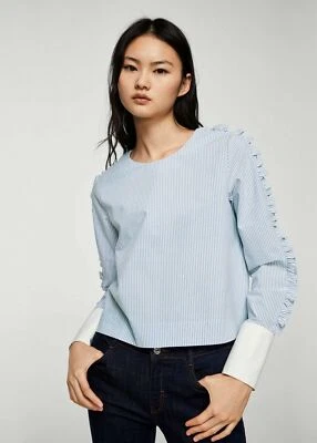 Mango Blue/White Stripe Patterned Ruffled Long Sleeved Cotton Blouse Size 10 - Image 1 of 4