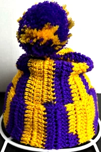 Purple Gold Winter Hat Vintage Hand Made Knit Youth Pom Stocking - Picture 1 of 4