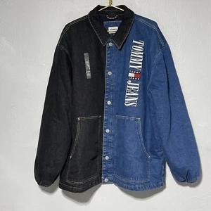 Tommy Jeans Men's Black Blue Logo Graphic Denim Trucker Jacket Size XXL New - Picture 1 of 15