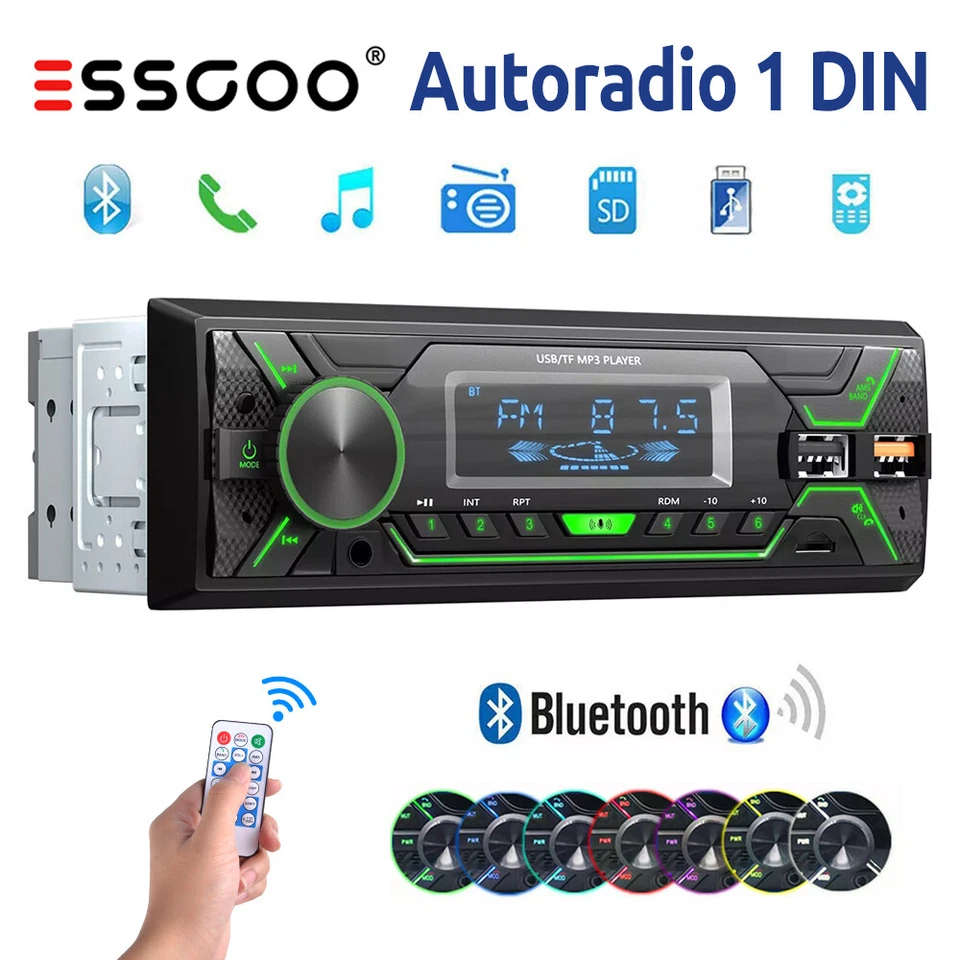 1 DIN MP3 7Farben Autoradio Mit FM USB Bluetooth Freisprech Fernbedienung TF AUX - Bild 1 von 4