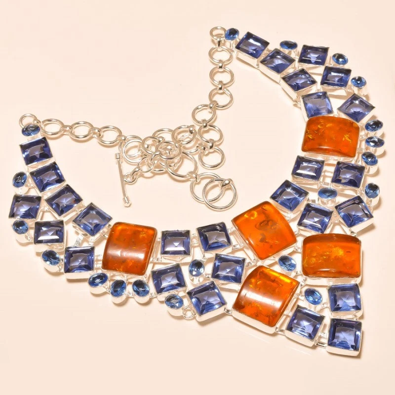 Collar chapado en plata con piedras preciosas de cuarzo de tanzanita ámbar báltico 18" Foto 1 de 1