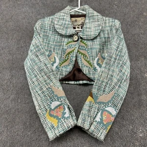 VINTAGE Kenzie Blazer Womens 6 Green Wool Tweed Collared Floral Crop Jacket Y2K - Picture 1 of 13