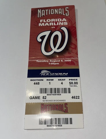 Washington Nationals Vs Florida Marlins Game Day ticket Stub. 8/8/2006 Cover