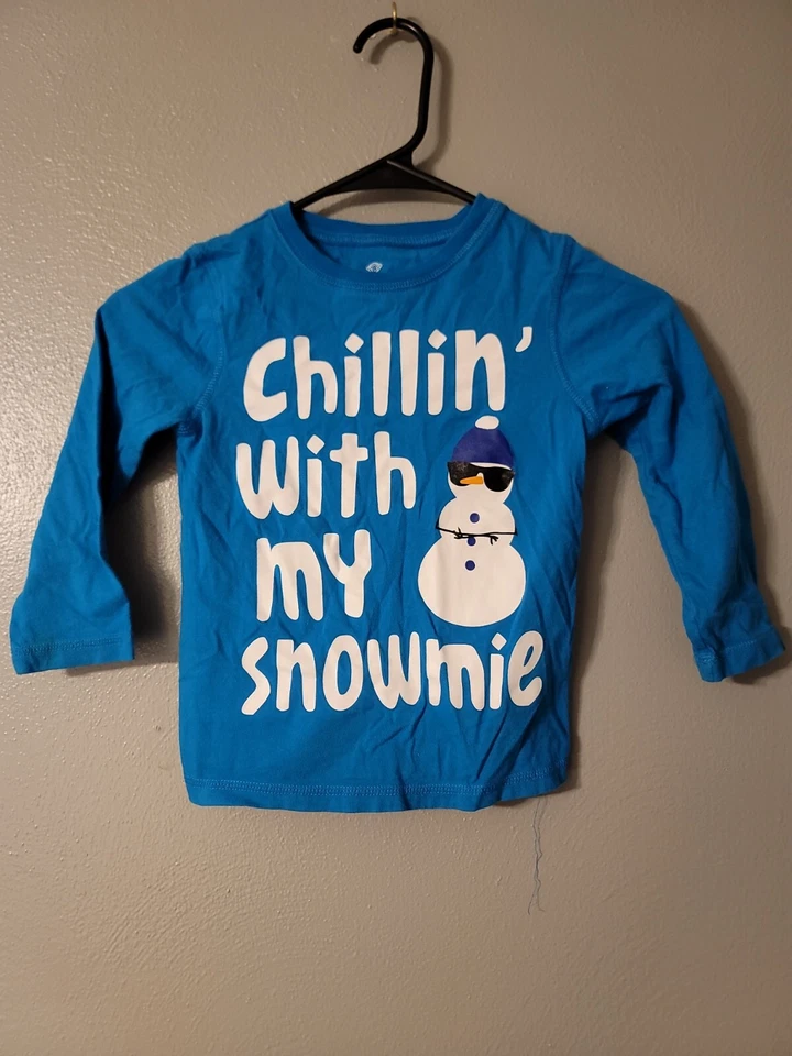 Camiseta Okie Dokie Azul Manga Larga Gráfica Niños Talla S 4 Muñeco de Nieve 100% Algodón  Foto 1 de 4