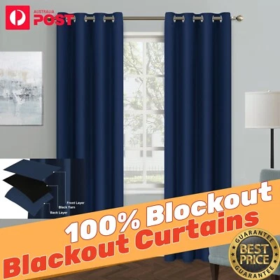2X Blockout Curtains Thermal 100% Blackout Curtains Fabric Pair Eyelet Bedroom - image 1 of 4