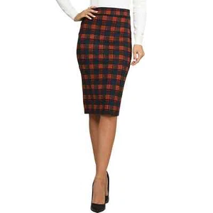 Doublju Women's Mid Knee Length Rust/Navy Plaid H Line Pencil Skirt Sz. M - Picture 1 of 12
