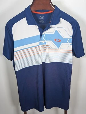 Oakley Hydrolix Golf Polo Shirt Mens Medium Blue White Orange Striped S/S - Image 1 of 4