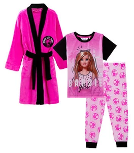 Girls Barbie Dressing Gown + Pyjamas Set Matching 3pc Nightware Bathrobe + Pjs - Picture 1 of 19