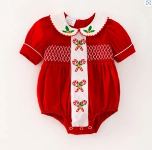 NEW Boutique Christmas Candy Cane Smocked Baby Girls Red Bubble Romper Jumpsuit - Picture 1 of 6