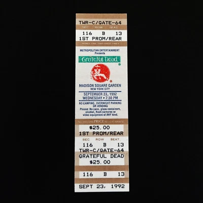 Boleto Grateful Dead MSG Madison Square Garden Nueva York NYC 23/09/92 23/09/1992 Foto 1 de 4