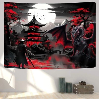 Tapiz de anime samurai, tapiz de dragón de fantasía medieval rojo y negro fresco con... Foto 1 de 4