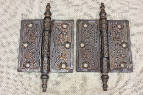 2 Old Door Hinges 3 1/2 X 3 1/2" Antique Steeple Top Pin Clean Vintage Cast Iron Cover