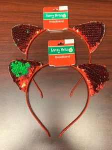 Set of 2 Cat Ears Sequins Red Green Girls Hairband Headband Hair Accessories New - Picture 1 of 4
