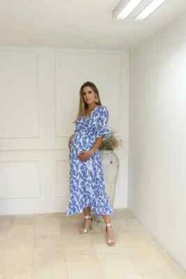 White Ursula with blue flowers Maternity dress Size S, M, L, XL - Image 1 of 2