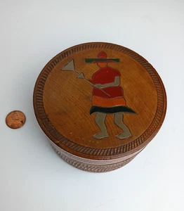 Vintage Handcrafted Round Wooden Box Container-Hand Painted Japanese Man on Lid - Picture 1 of 12
