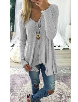 Solid color pullover sexy V-neck irregular top sweater for women - Image 1 of 4