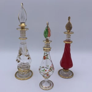 VTG (3) Egyptian Perfume Bottles w/Daubers Gold Trim Etched Hand Blown Art Glass - Picture 1 of 9