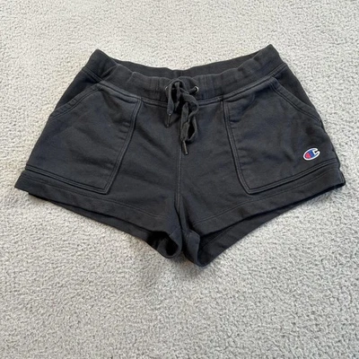 Shorts Champion Feminino Pequeno Preto Lã Cordão Logotipo Bolsos Lounge Casual - Imagem 1 de 4