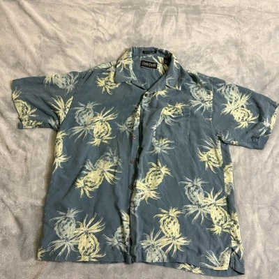 Camisa Grande Vintage Años 90 Océano Pacífico Azul Hawaiana Floral 100% Seda Abotonada Foto 1 de 4