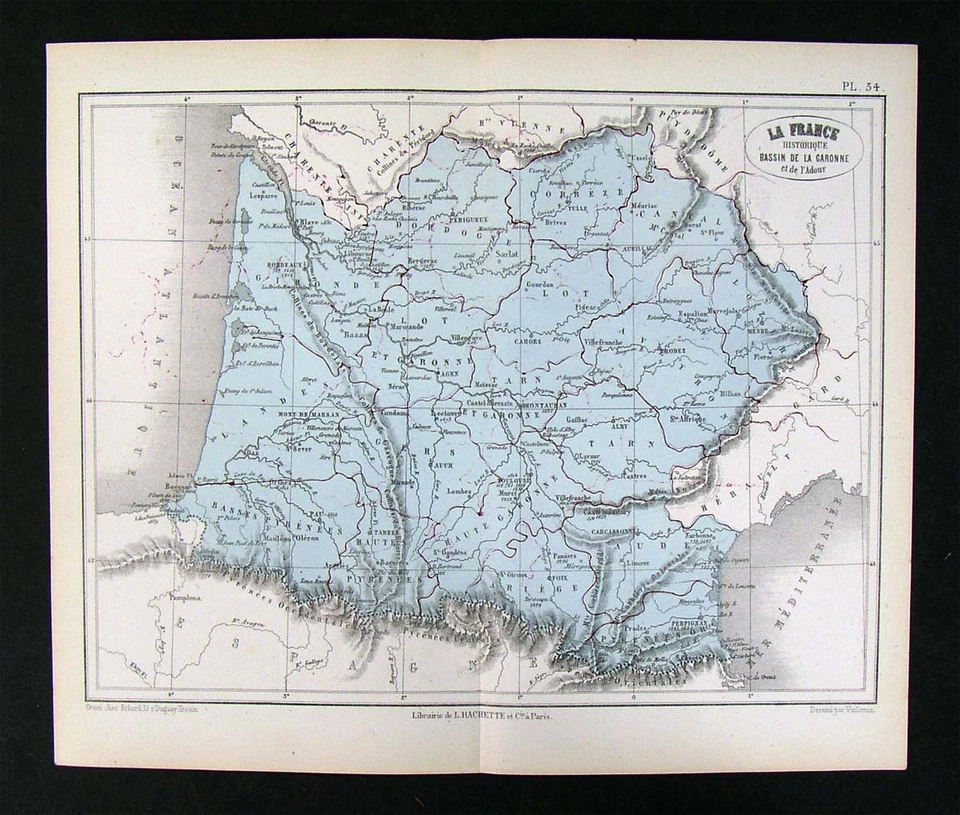 Mapa histórico del Garona 1872 Vuillemin - batallas del suroeste de Francia Foto 1 de 1