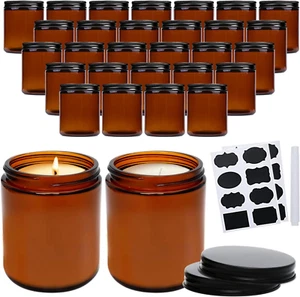 QAPPDA 8Oz Amber Candle Jars Set of 30,Round Glass Jars with Black Lids,Empty 25 - Picture 1 of 12