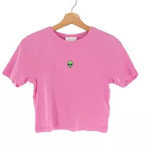 Topshop Alien Embroidered Baby Tee Crop Pink Crew Short Sleeve - Picture 1 of 4