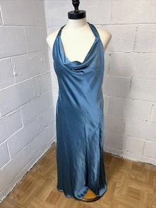 Selfie Leslie Slinky Blue Midnight Formal Dress Tie Back Sz L Satin Gown NWT E6 - Picture 1 of 18