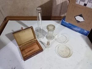 Vintage 5 Stück Chemie Equ. Apotheker Holz Schiebebox Glas Verschleiß Thermostat - Bild 1 von 5