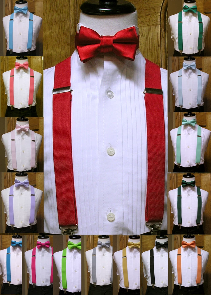 Boys Matching bowtie and suspenders set clip-on x back Black Coral Red Silver - Image 1 of 1