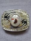 Belt Buckle Western Silver 4"x3"  with Gray Red Agate, Stone. Rock Fits 2" Belt 
