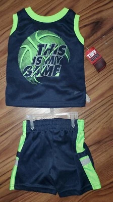NOVO Conjunto de Shorts de Seda Masculino 2 Peças Tamanho 12 Meses Regata Basquete - Imagem 1 de 4