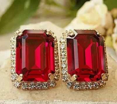 2Ct Emerald Cut Lab-Created Red Ruby Women Stud Earrings 14K Yellow Gold Plated - Image 1 of 4
