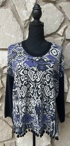Rapsodia Sweater L XL Gray Black Ikat Print Pullover Long Sleeve Ball Fringe EC - Picture 1 of 13