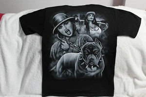 PITBULL SPIKED COLLAR GANGSTER LADIES 8 BALL TATTOO CITY T-SHIRT SHIRT - Picture 1 of 2