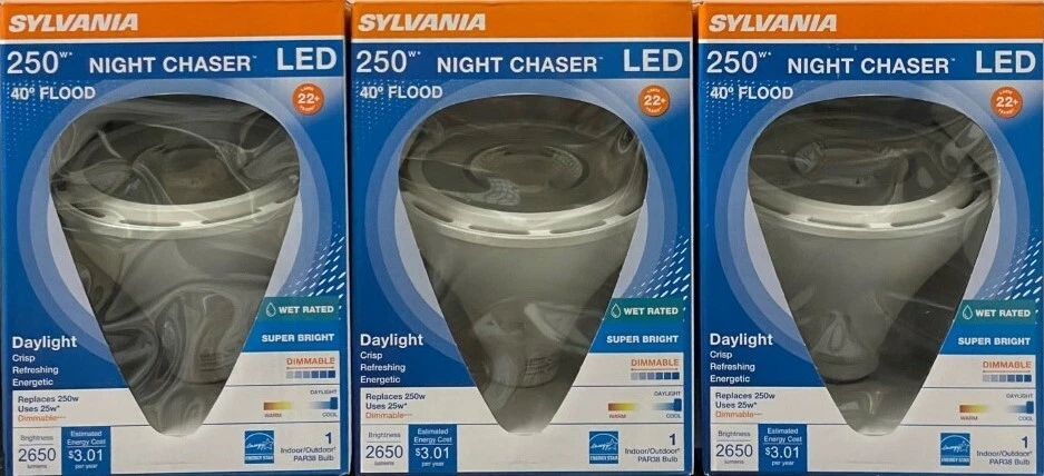3 Sylvania 250-Watt Super Bright PAR38 NIGHT CHASER LED Floods - 2650 Lumens - Image 1 of 1
