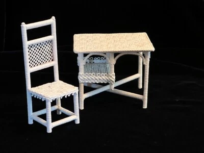 Vintage Dollhouse Miniature White Wicker Desk and Chair by JOAN Artisan NOS - Image 1 of 4