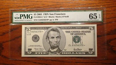 2001 PMG GEM 65 EPQ FIVE DOLLAR SAN FRANCISCO *STAR* NOTE HI GRADE $5.00 BILL! - Image 1 of 4