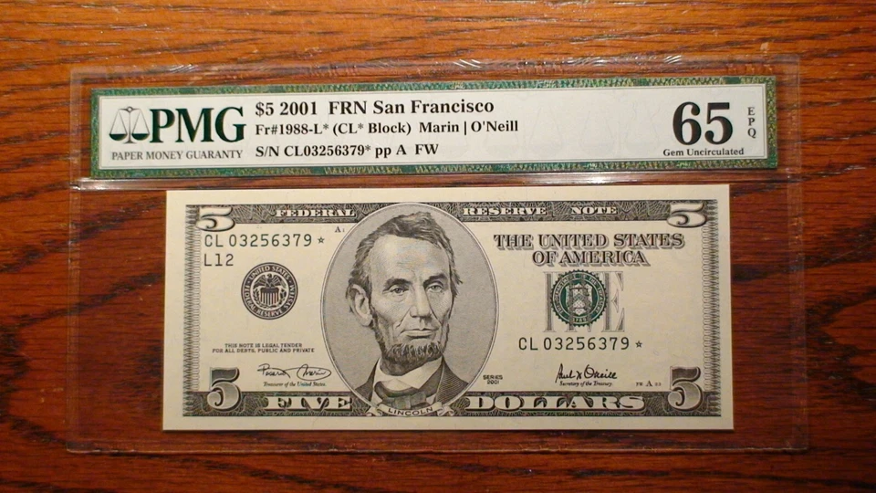 2001 PMG GEM 65 EPQ FIVE DOLLAR SAN FRANCISCO *STAR* NOTE HI GRADE $5.00 BILL! - Image 1 of 4