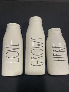 RAE DUNN “LOVE - GROWS - HERE” Set Of 3 Milk Bottle Vases Planters Preowned - Picture 1 of 9