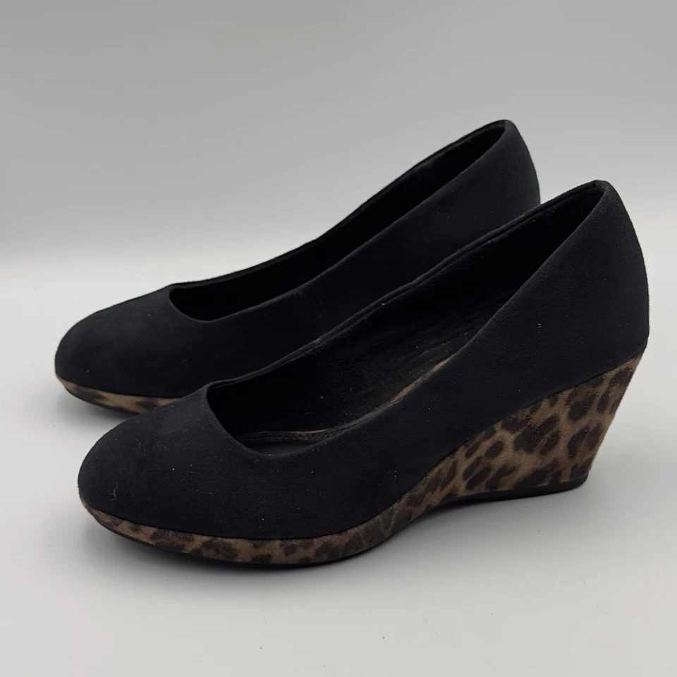 Marco Tozzi Negro Gamuza Leopardo Cuñas Tacones Talla 37 EE. UU. 6/6,5 Foto 1 de 4