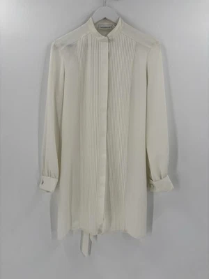 Liz Claiborne Vintage Blouse Womens 6 Ivory White Pleated Hidden Buttons Belted - Image 1 of 4
