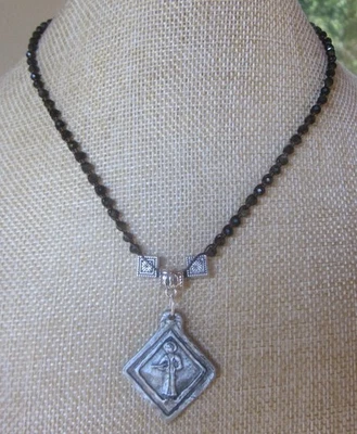 Saint Sebastian Medal Golden Obsidian Gemstone Artisan Necklace Handmade Unique - Image 1 of 4